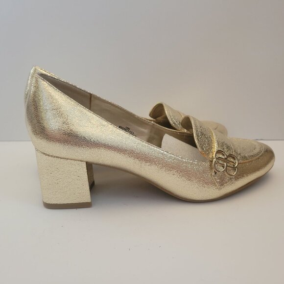 Bandolino Womens Gold Block Heel Loafers Size 10M With Metallic Finish & Logo Ac - Picture 1 of 9